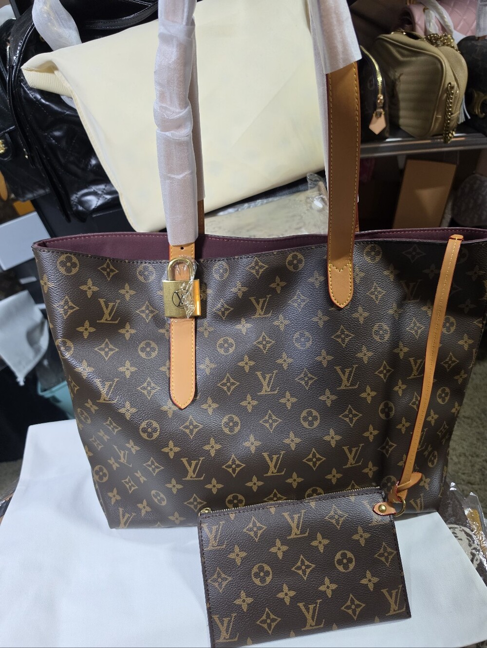 Classy Tote Bag in Brown with Burgundy Interior & Pouch
